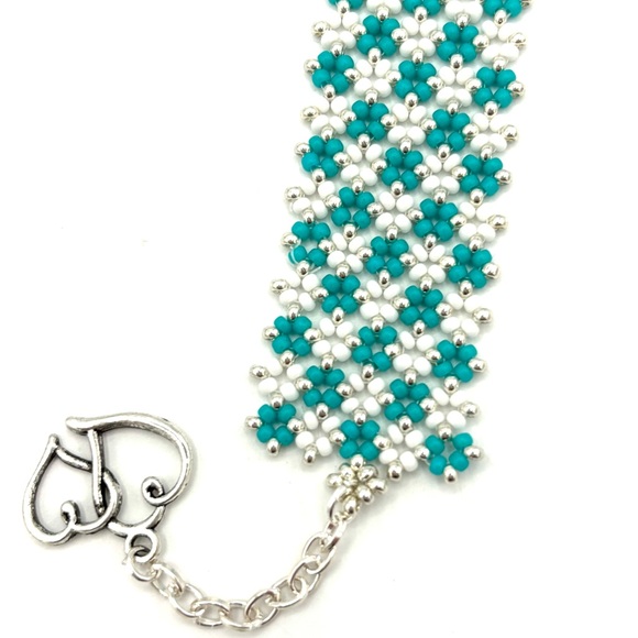 Hand Crafted Beaded Checkerboard Bracelet Aqua White - Picture 5 of 11